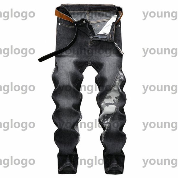 

camouflage stripes mens jeans distressed ripped biker pants slim fit motorcycle denim pant hipster designer jeans size 28-38, Blue