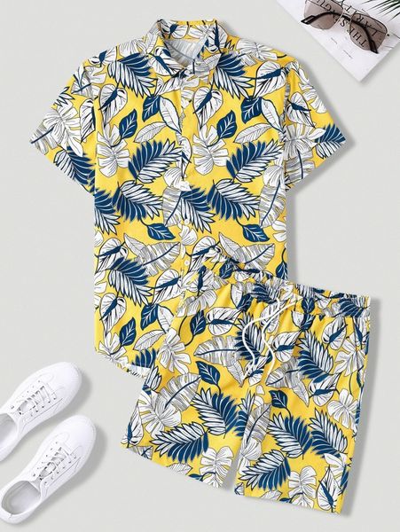 

men random tropical print shirt & drawstring waist shorts 33fp#, Gray