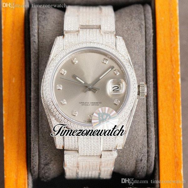 

rf 36mm 126234 miyota automatic mens womens watch paved diamond case rhodium grey diamonds dial fully iced out 904l steel bracelet ladies ti, Slivery;brown