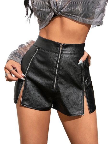 

high waisted zipper front pu leather shorts l8jr#, White;black