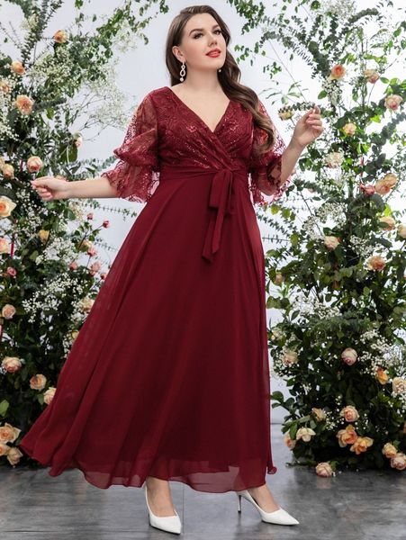 

plus embroidery mesh flounce sleeve belted chiffon maxi dress w0yp#, Black