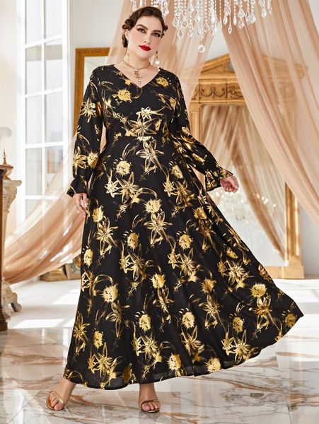 

plus random allover floral & foil print flounce sleeve dress 86dx#, Black