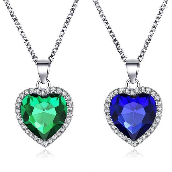 Anhänger Halsketten Blau Grün Farbe Liebe Für Immer Halskette Ozean Herz Für Frauen Einfache Klassische Intarsien Kristall Elle22