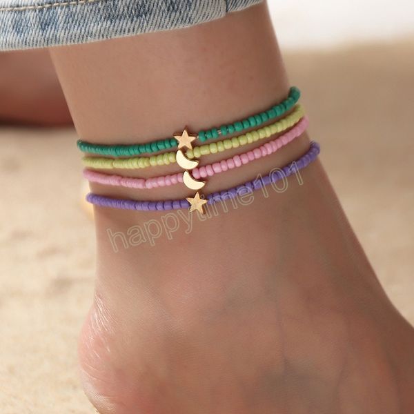 Bohemian Strand Stil Handgemachte Einfarbig Perle Fußkettchen Legierung Stern Mond Anhänger Fuß Ornament Schmuck Großhandel