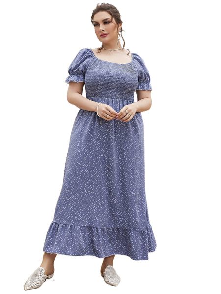 

plus polka dot shirred puff sleeve ruffle hem dress 19nw#, Black