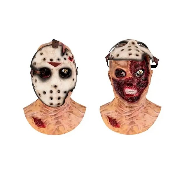 Horror Jason Spaventoso Cosplay Testa piena Maschera in lattice Viso aperto Oggetti di scena per case stregate Forniture per feste di Halloween B0815