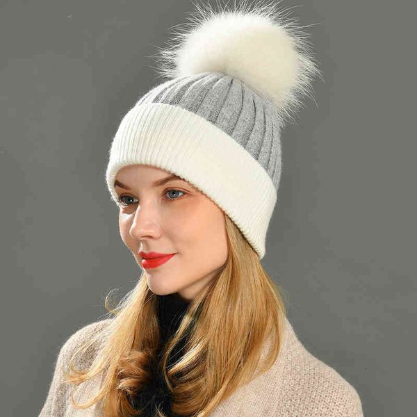 Frauen Winter Pelz Ball Kappe Kaschmir Hüte Beanie Cap Frau Weibliche Warme Kaninchen Fell Mischung Gestrickte Pelz Ponpon Hut Caps j220722