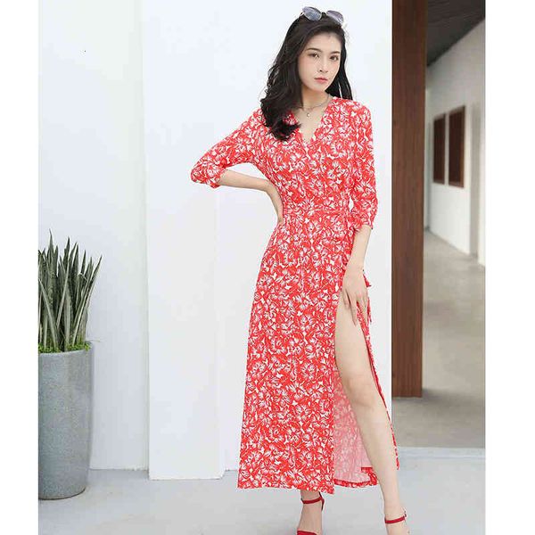 

casual dresses wrap skirt spring and summer v-neck print 7-sleeve splicing slim fit high women's dress, Black;gray