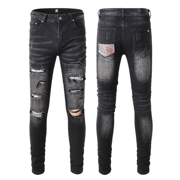 Herren-Designer-Jeans für Herren, schmal, schwarz, Rip-Rock-Denim, schmal, gerade, Distress-Biker, weißer Stern, Hip-Hop, Motorrad, Blau, Grau, konisch, lang gerippt, mit Loch, 20er Jahre