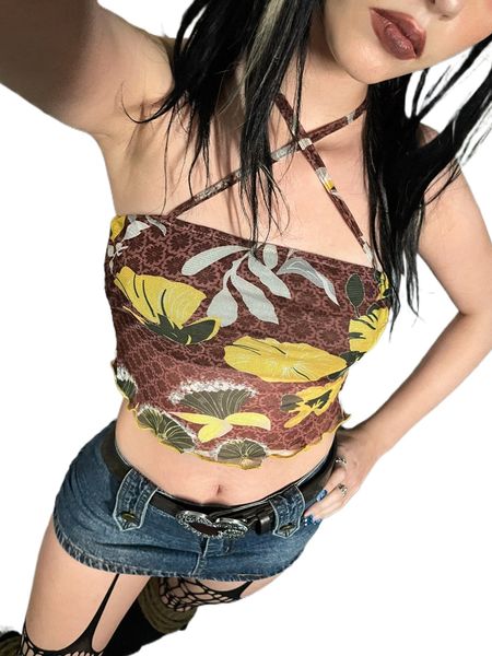 

floral print tie backless mesh halter g1zl#, White