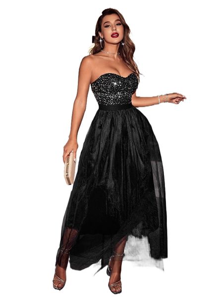 

sequin insert mesh tube dress o60y#, Black;gray