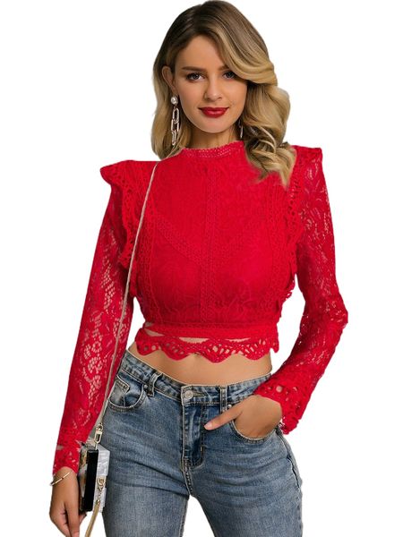 

glamaker zip back mock neck guipure lace blouse f5bs#, White