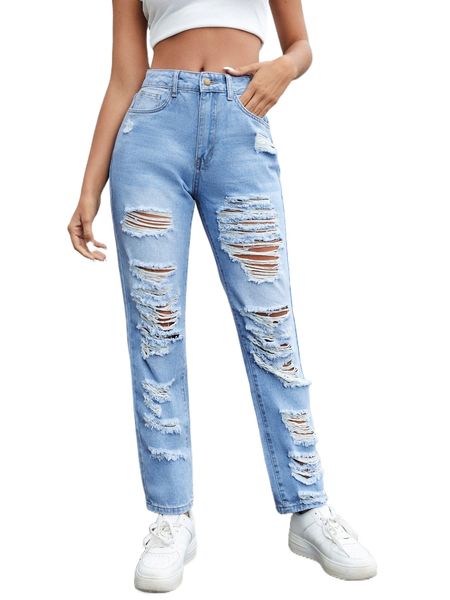 

ripped slant pocket jeans v51c#, Blue