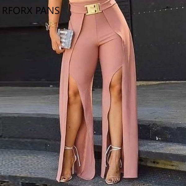 

women's pants capris women solid long slit pants with belt casual pants f 220823, Black;white