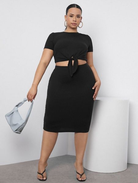 

plus tie hem tee & pencil skirt i166#, Black