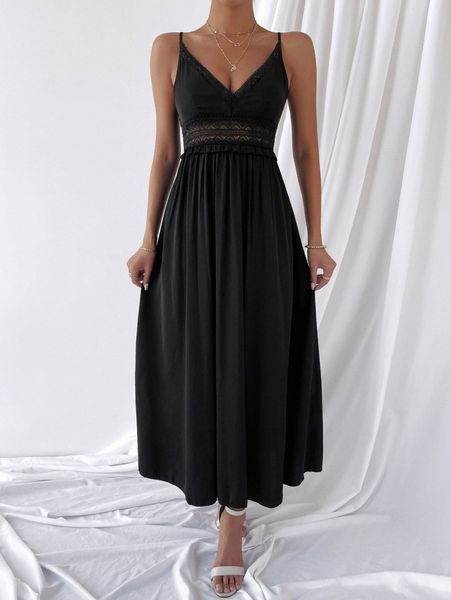 

frill trim lace panel dress l9v0#, Black;gray