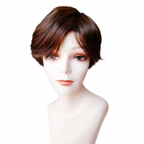 

short color 4# bob pixie cut wavy machine made wigs non lace front human hair omber wig with bangs for black women brazilian, Black;brown