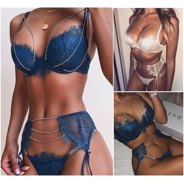 

3pcs women lingerie nightgown sparkle crystal chain bra high waist briefs garter belt underwear nightwear sets y200415, Red;black