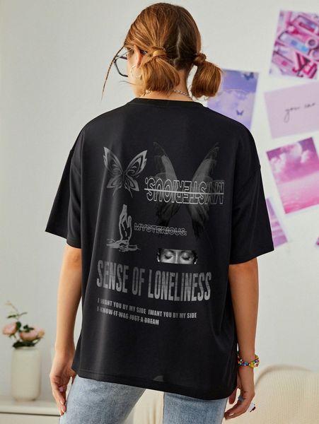 

butterfly and slogan graphic drop shoulder tee n0hx#, White
