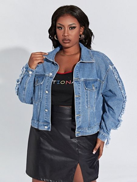

plus drop shoulder raw cut denim jacket p3w7#, Black;brown