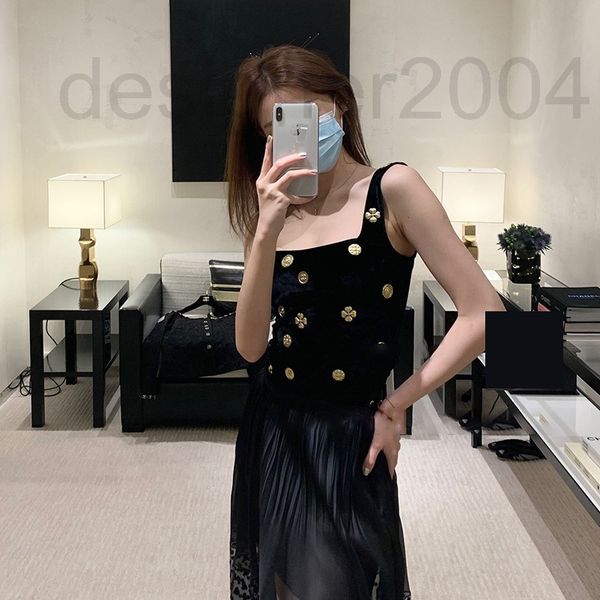 

women's t-shirt designer fashion 21 early autumn square collar small fragrance gold coin embroidery short suspender vest women's c, White