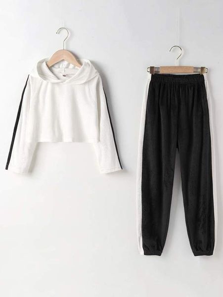 

girls contrast side seam flannel hoodie & pants she, White