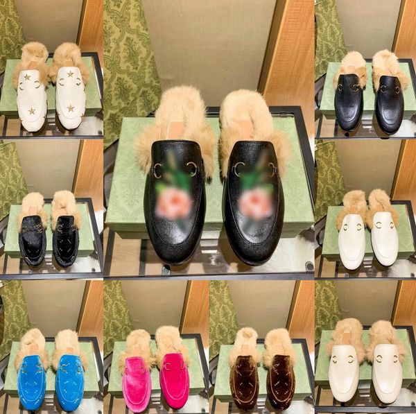 

slipper ggs''gg brand designers half slipper princetown suede velvet women sandals plush embroidery leather slippers rabbit fur wi, Black