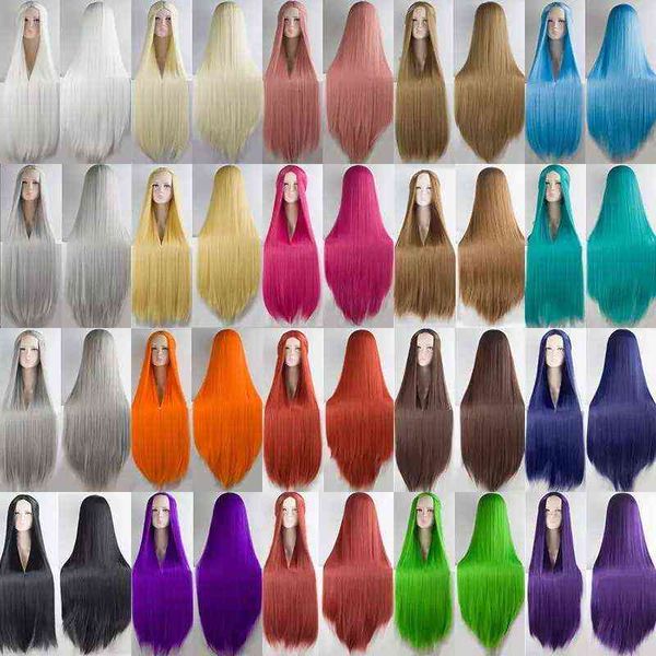 Mumupi Cos Parrucca Bionda Rosso Rosa Grigio Capelli viola per la festa 100cm Lungo rettilineo s Cosplay sintetico Nero Donna 220622