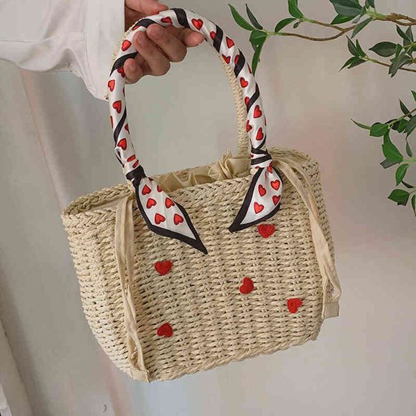 Borsa da sera 2022 Borse e borsette di paglia da donna Summer Rattan Handmade Tote Top Handle s Ladies Ribbons Beach Basket New Travel 0623