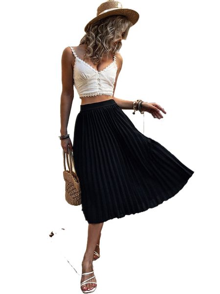 

high waist solid pleated skirt 50vn#, Black