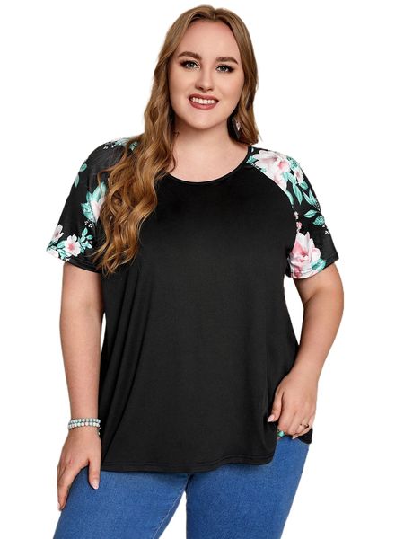 

emery rose plus contrast floral print raglan sleeve tee y8u9#, Black