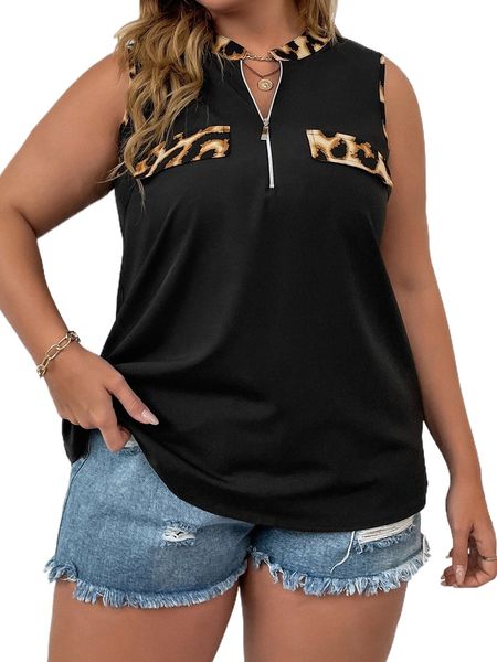 

plus leopard panel quarter zip blouse r5el#, Black