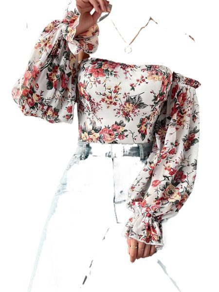 

floral print off shoulder flounce sleeve blouse b75d#, White
