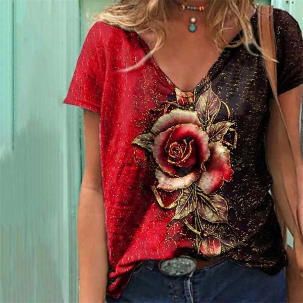 

women fashion casual v neck t shirts tee 3xl oversize tee-shirt floral print short sleeve casual t-shirt 210716, White