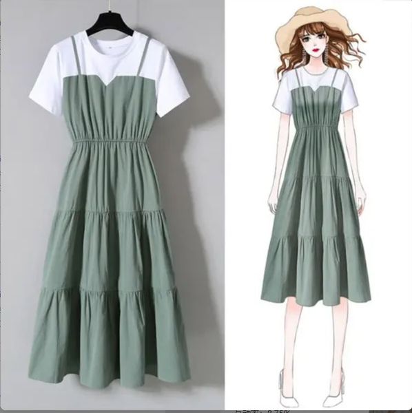 

women fashion fake two piece plus size summer dress 2021 new black o-neck short sleeve, Black;gray