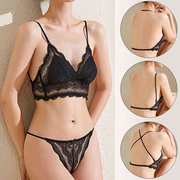 Dantel Sırtsız Görünmez Sütyen Derin U Yamac Seksi Şeffaf İç çamaşırı Set Sırt Brasserie İnce Kablosuz Bralette Çiçek Sütyen L220727