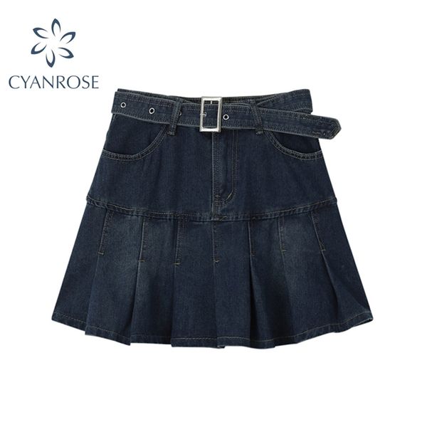 

y2k high waist denim mini pleated skirts with belt women summer fashion retro a line skirt korean ins female casual 220324, Black