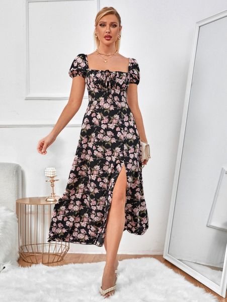 

allover floral print puff sleeve ruched bust split thigh dress i7vt#, Black;gray
