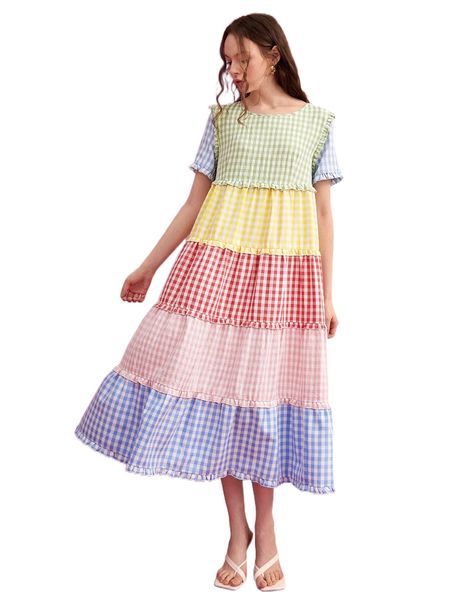 

x pino studios gingham print colorblock frill trim smock dress b5e9#, Black;gray