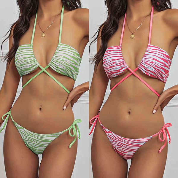 

lace bikini up striped print split swimsuit, White;black