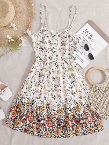 

floral print guipure lace insert cami dress 59ys#, Black;gray