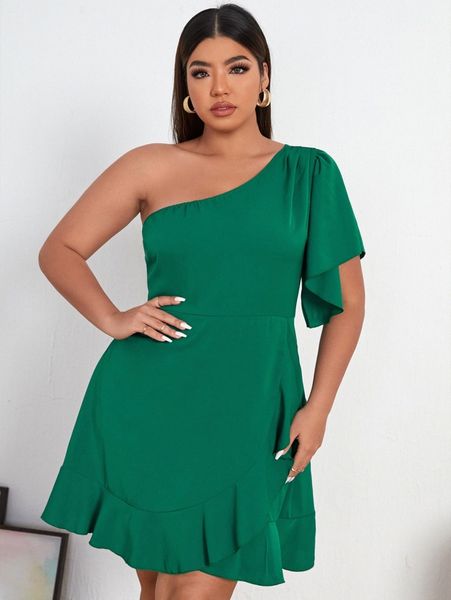 

plus one shoulder ruffle hem wrap dress g8xm#, Black