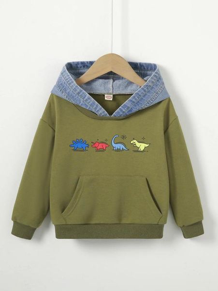 

toddler boys dinosaur print drop shoulder 3d ear design hoodie she, Black
