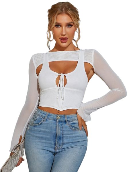 

parthea cut out knot front split cuff crop mesh 2 in 1 13kk#, White