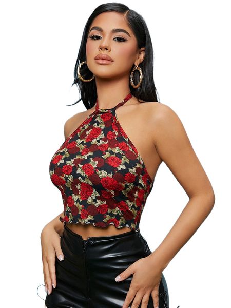 

sxy halterneck tie back lettuce trim floral crop s7qq#, White