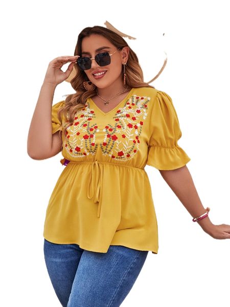 

plus floral embroidery peplum blouse x93y#, Black