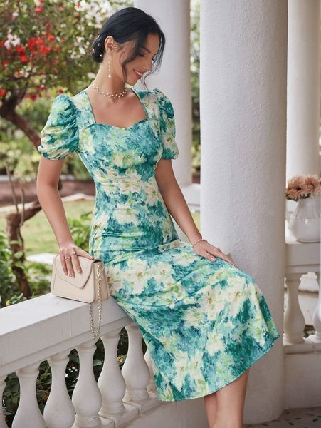 

floral print puff sleeve a-line dress r7bk#, Black;gray