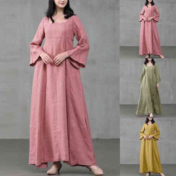 

retro style women o neck oversize long sleeve dress solid color large cotton linen leisure maxi dress l220705, Black;gray