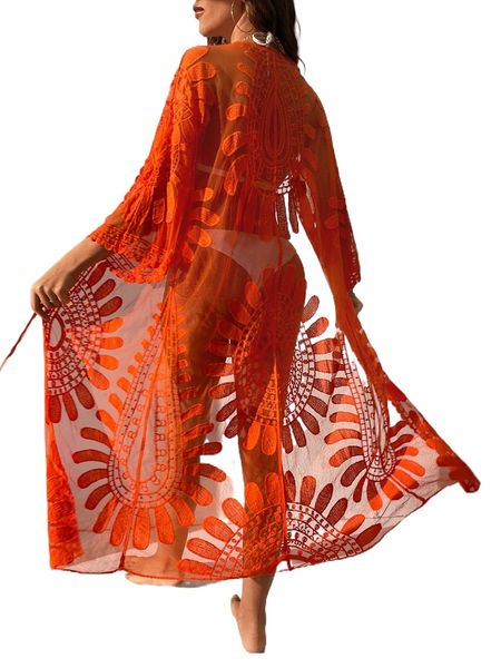 

sheer embroidered mesh tie front kimono v7qg#, White;black