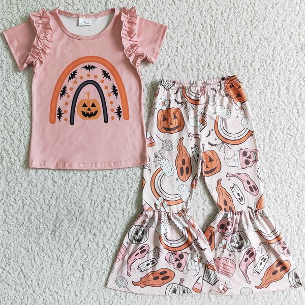 

new fashion baby girls designer clothes set fall halloween children clothing pumpkin rainbow girl short sleeve bell bottoms boutique toddler, White